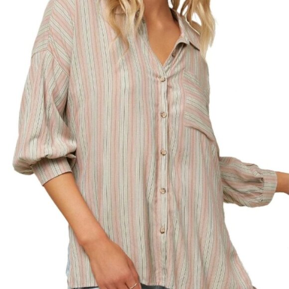 Oneill Sz S Davis Woven Long Sleeve Button Down Top Blouse Striped Boho Beachy - Picture 1 of 16